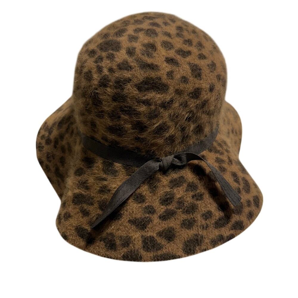 Rabbit Hair Wool Blend Leopard Cloche Hat Brown Animal Print Soft Bucket Ribbon